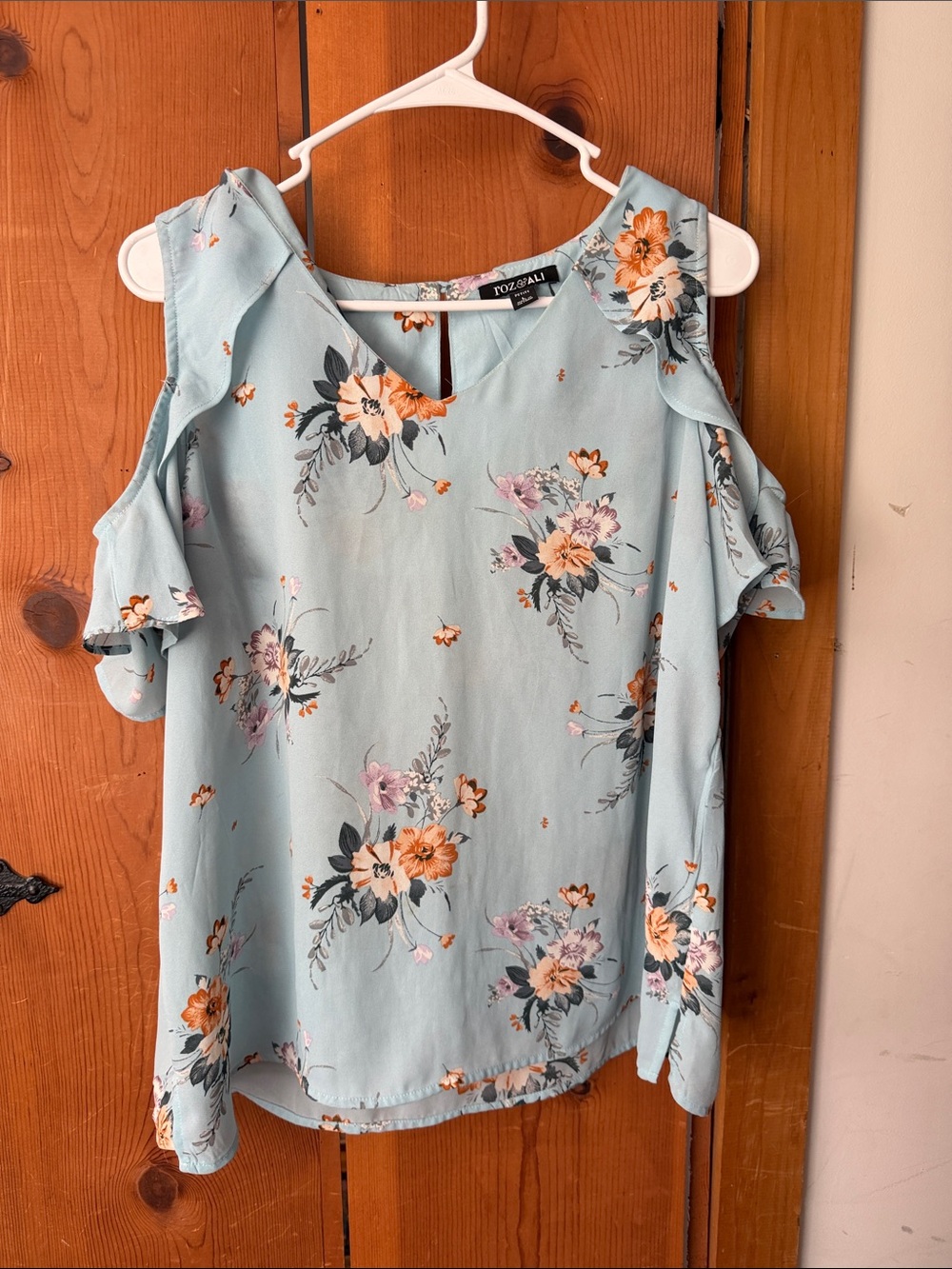 Roz & Ali Light Blue Floral Cold-Shoulder Top